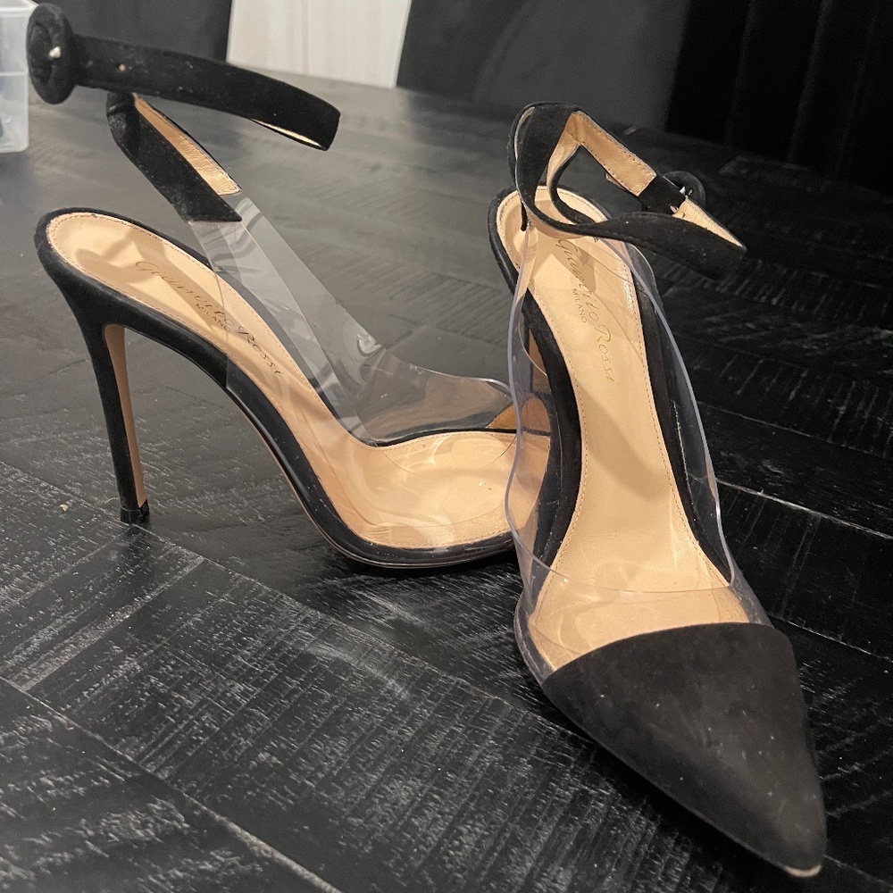 Gianvito Rossi Black Suede and Pvc D'orsay Ankle Strap Size 37 Pumps